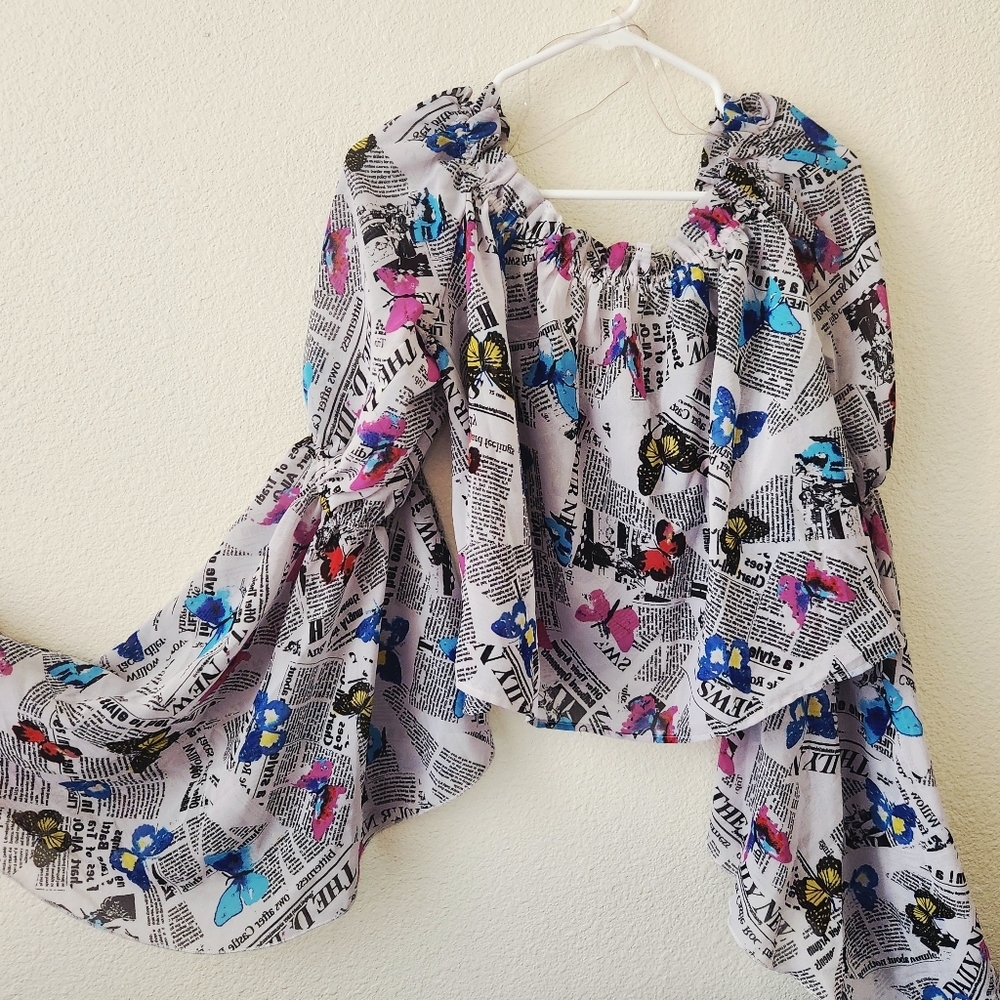 Live 4 Truth Novelty Butterfly Off-Shouder Blouse Y2K Angel Sleeves Size XL